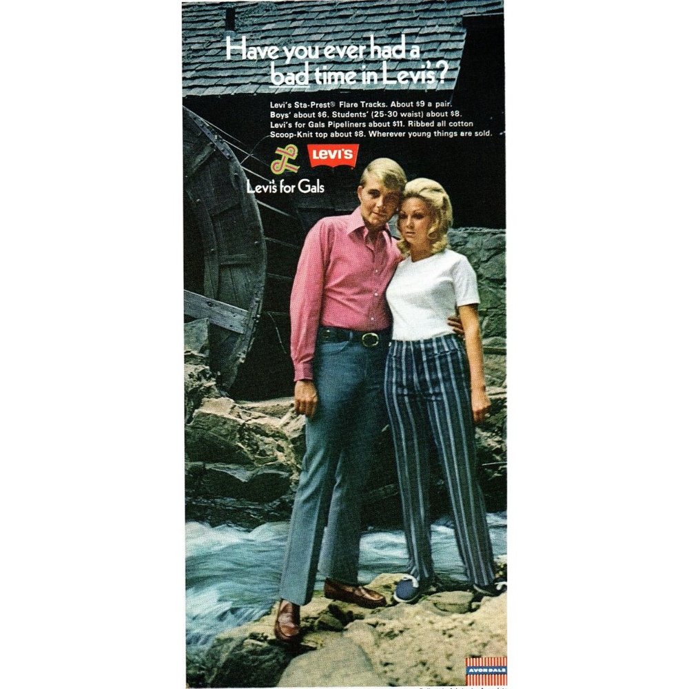 1970 Levi's for Gals Women's Jeans Vintage Print Ad Water Wheel Mill Wall Art